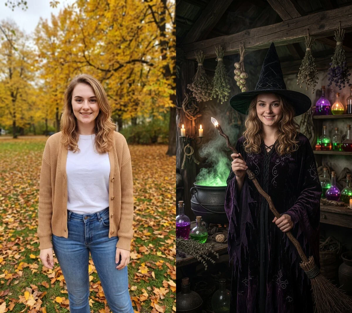 Halloween photo with AI, before and after: an ordinary photo in an autumn park turned into a witch in a cottage with a bubbling cauldron